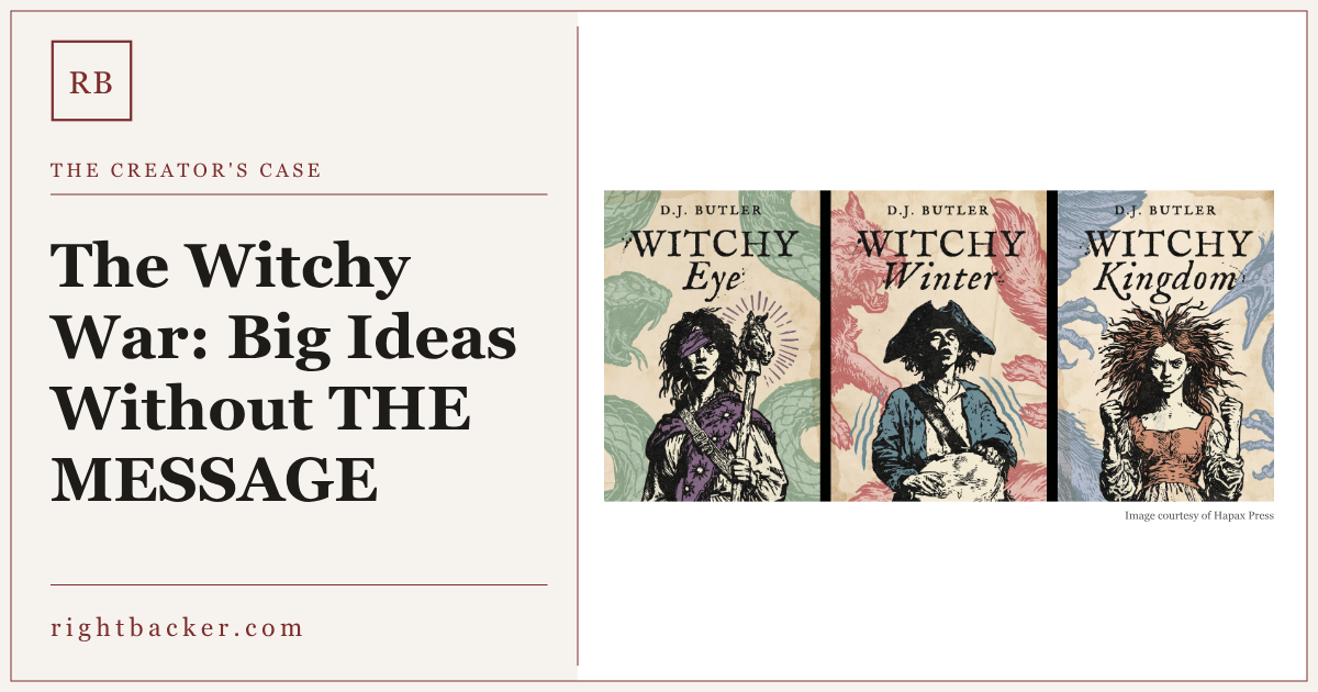 The three illustrated covers of Witchy Eye, Witchy Winter, and Witchy Kingdom by D.J. Butler.