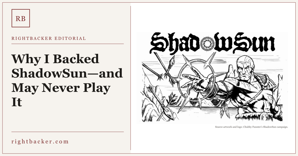 Black-and-white ShadowSun artwork depicting an armored figure reaching forward, with the original ShadowSun logo above.